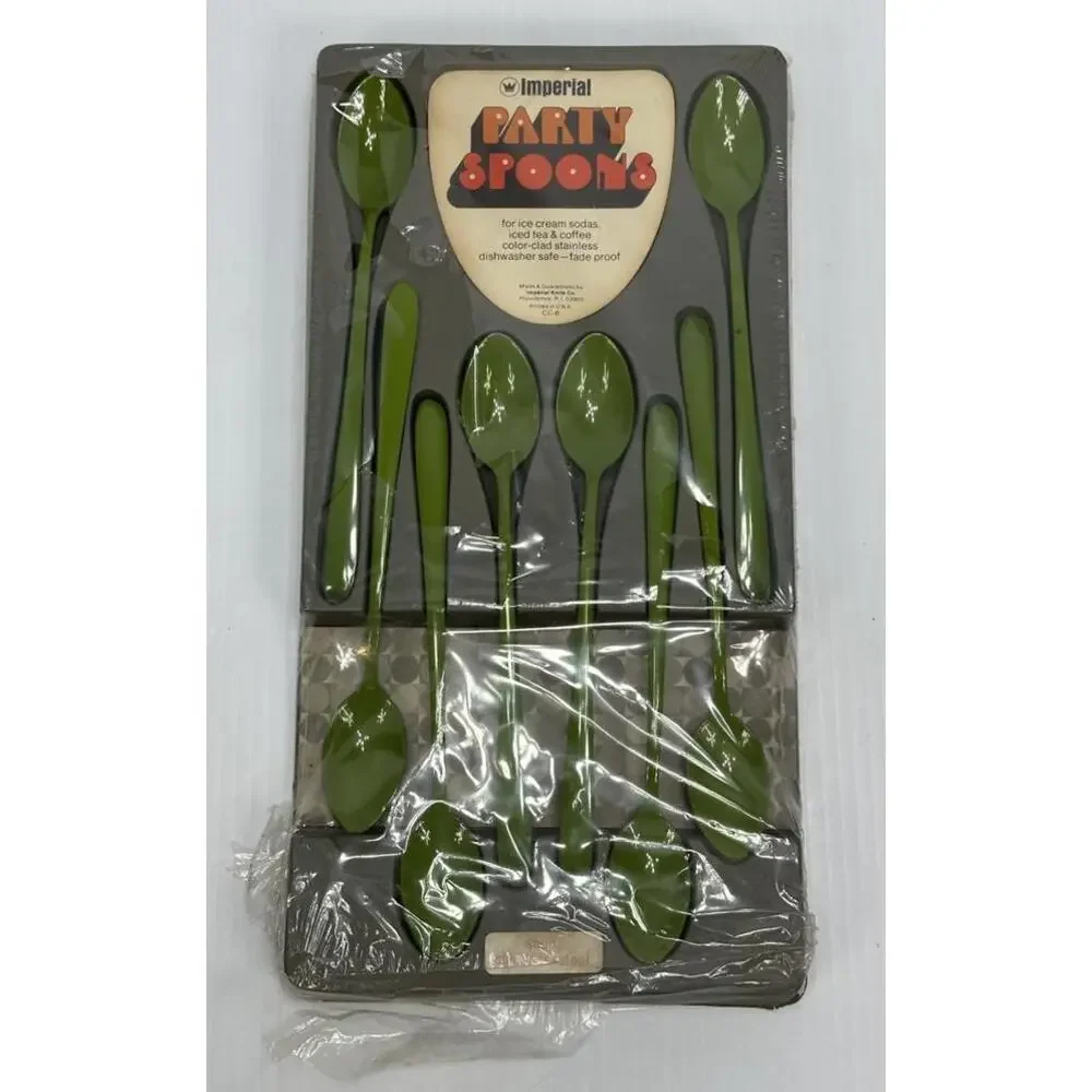 Vintage MCM Imperial Party Spoons Avocado Green‎ Stainless Steel Original Box